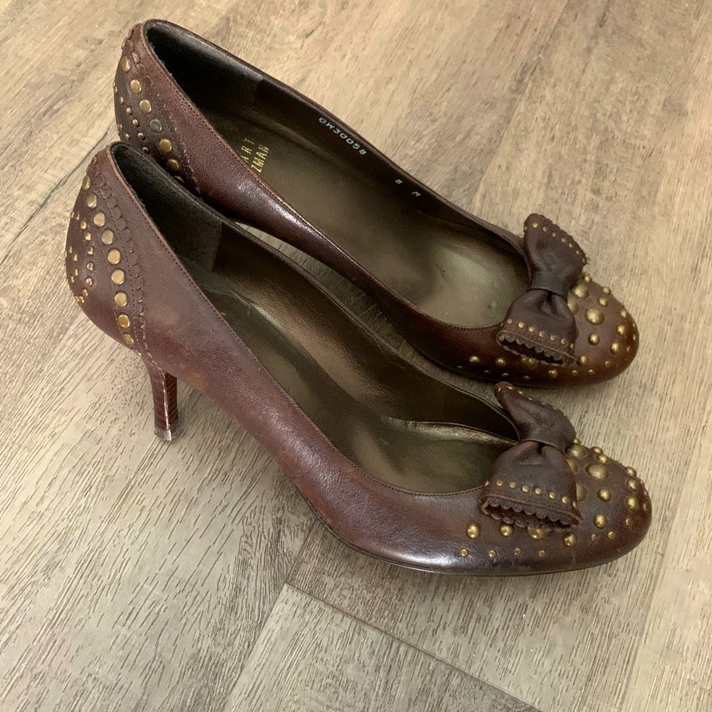Stuart Weirzman Vintage Y2K Office siren Brown Leather Studded Bow Heels…